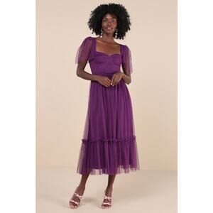 NWT Lulus Dreamy Celebration Plum Purple Tulle Bustier Swiss Dot Midi Dress Sz S